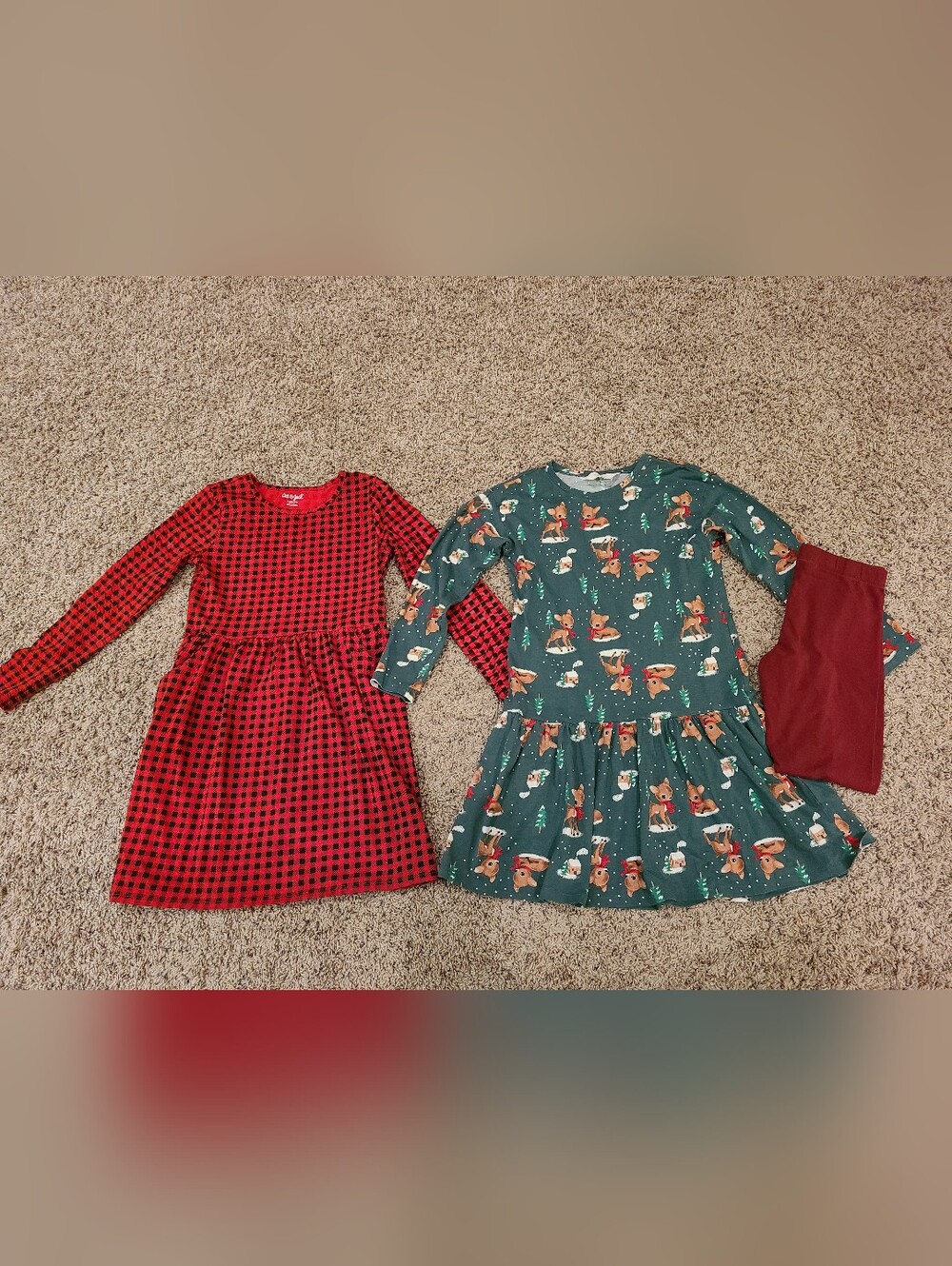 Green Reindeer Christmas Print Long-Sleeve And Red Black Checkered Kids Dress